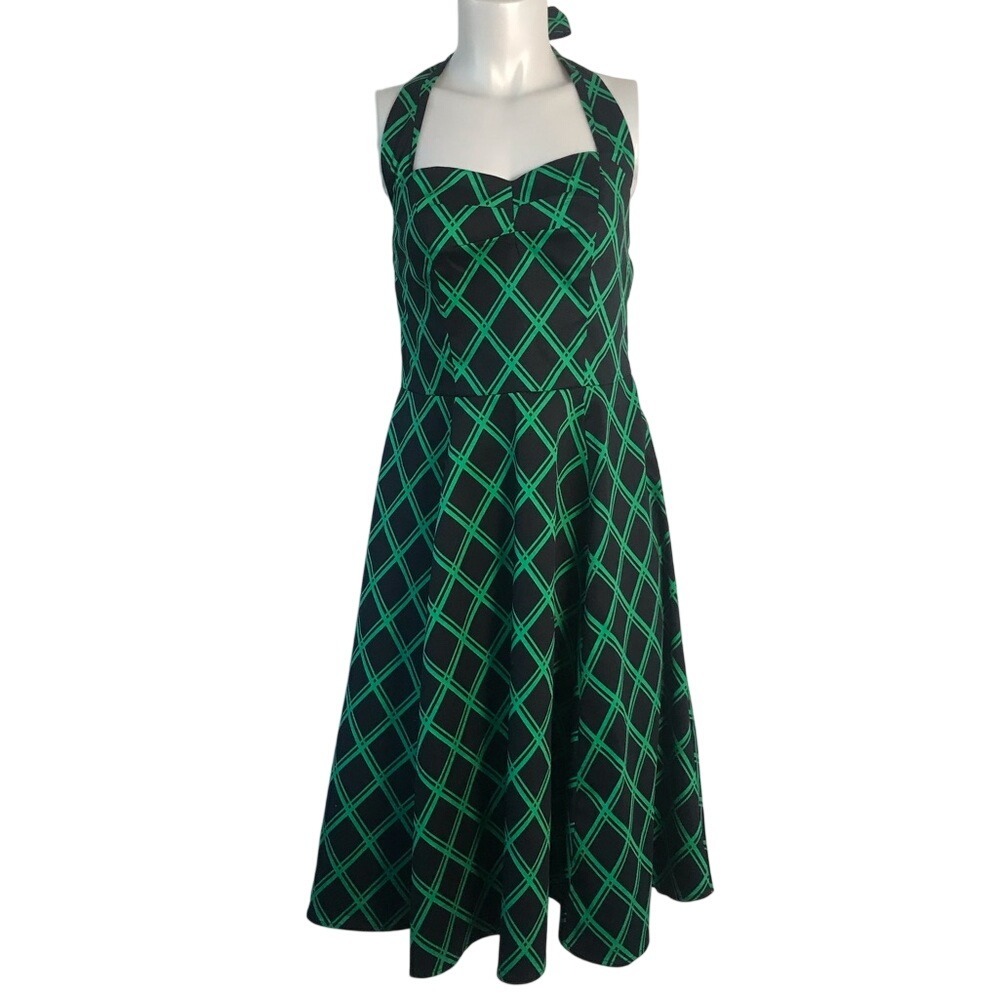 GREEN & BLACK PRINT HALTER FIT & FLARE DRESS